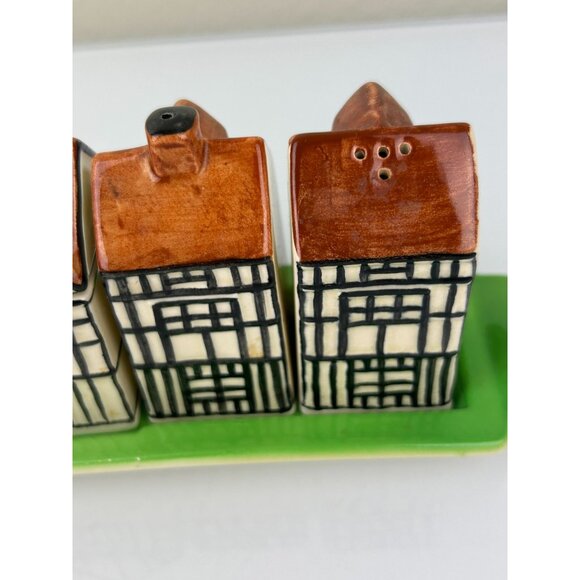 Beswick England 1940s Tudor-Style Cottages Salt Pepper & Sugar Set on Tray VTG - Picture 10 of 16